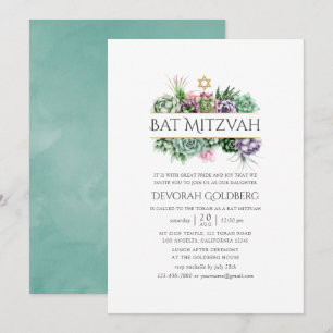 Watercolor Succulent Geometric Bat Mitzvah Invitation