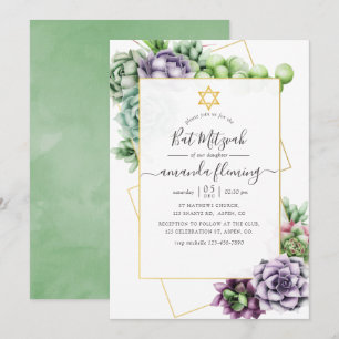 Watercolor Succulent Geometric Bat Mitzvah Invitation