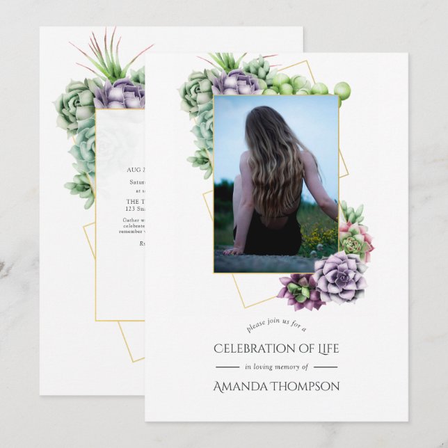 Watercolor Succulent Geometric Celebration of Life Invitation (Front/Back)