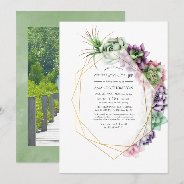Watercolor Succulent Geometric Celebration of Life Invitation (Front/Back)