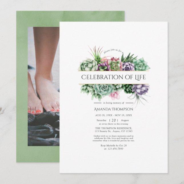 Watercolor Succulent Geometric Celebration of Life Invitation (Front/Back)