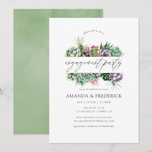 Watercolor Succulent Geometric Engagement Party Invitation (Front/Back)