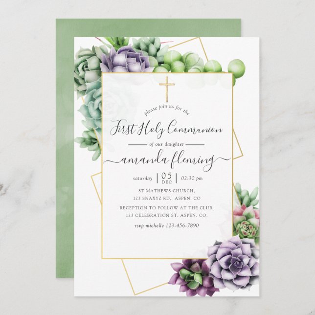Watercolor Succulent Geometric Holy Communion Invitation (Front/Back)