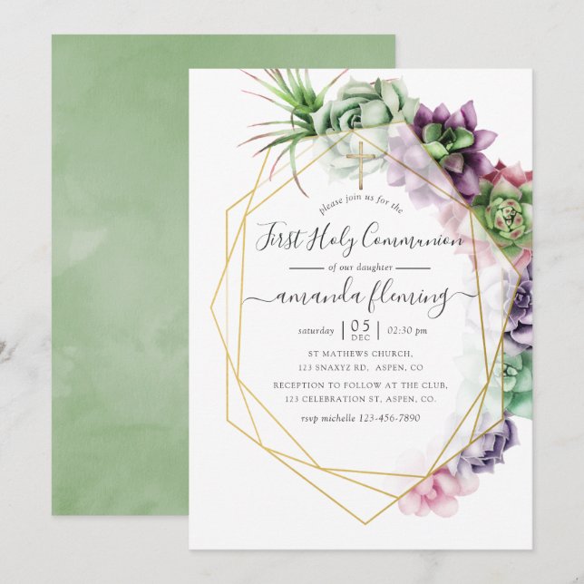 Watercolor Succulent Geometric Holy Communion Invitation (Front/Back)