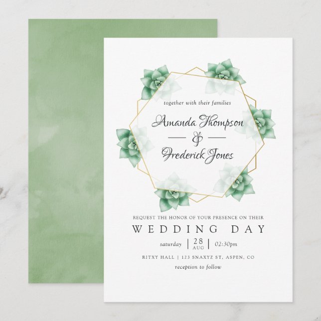 Watercolor Succulent Geometric Wedding Invitation (Front/Back)