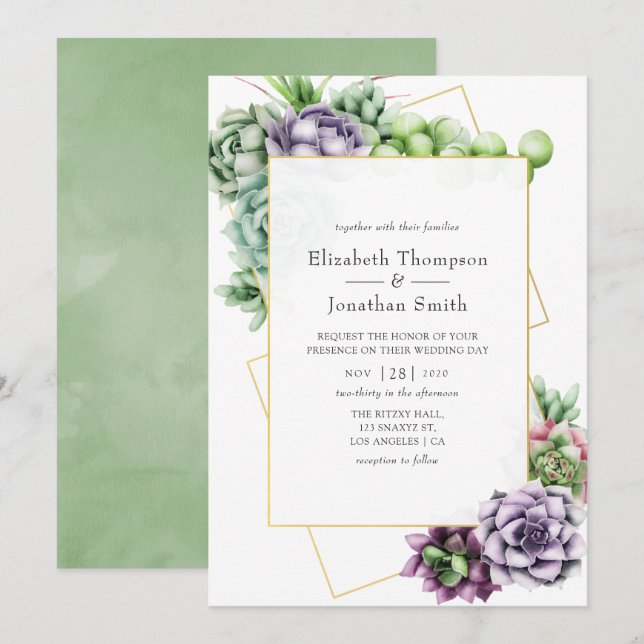 Watercolor Succulent Geometric Wedding Invitation (Front/Back)
