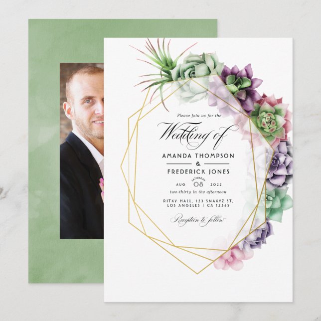 Watercolor Succulent Geometric Wedding Photo Invitation (Front/Back)