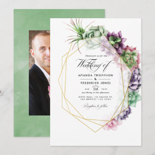 Watercolor Succulent Geometric Wedding Photo Invitation