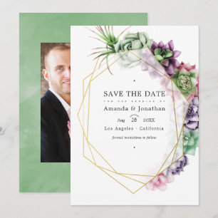 Watercolor Succulent Geometric Wedding Photo Save The Date
