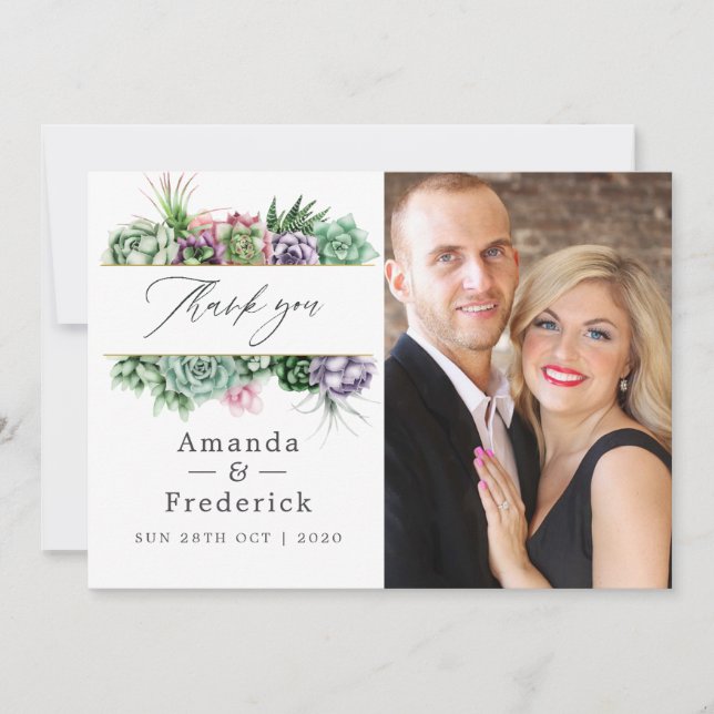 Watercolor Succulent Geometric Wedding Thank You Card (Front)
