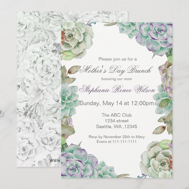 Watercolor Succulent Mother's Day Brunch Invites (Front/Back)