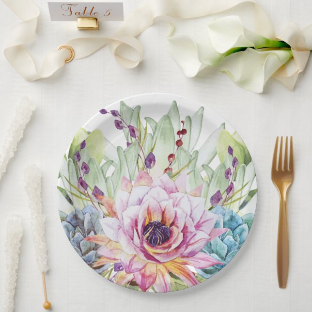 Watercolor Succulent Paper Plates (Wedding)