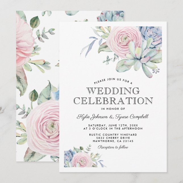 Watercolor Succulent Pastel Floral Wedding Invitation (Front/Back)