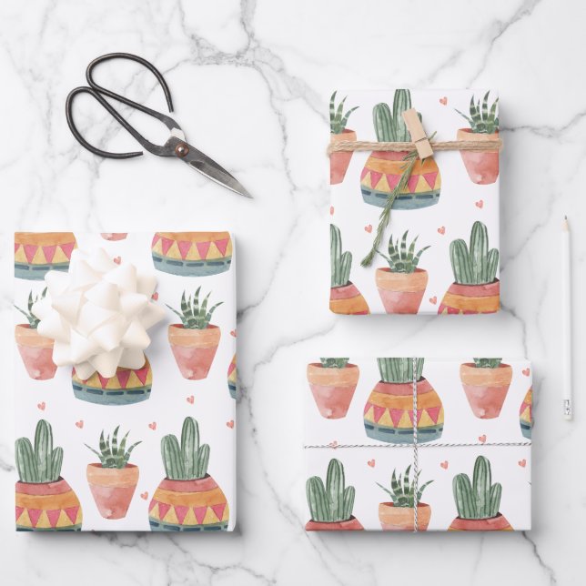 Watercolor Succulent Pattern Wrapping Paper Sheet (Front)