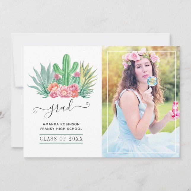 Watercolor Succulent Plants Graduation Photo Announcement (Front)