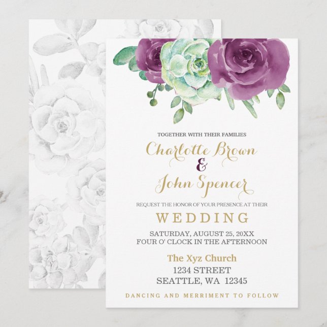 watercolor succulent plum roses wedding invitation (Front/Back)