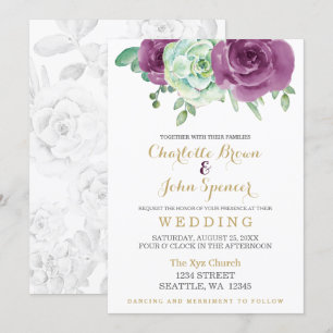 watercolor succulent plum roses wedding invitation