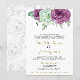watercolor succulent plum roses wedding invitation