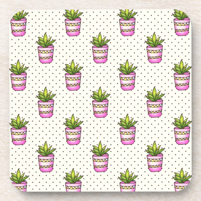 Watercolor Succulent Polka Dot Pattern Coaster (Front)