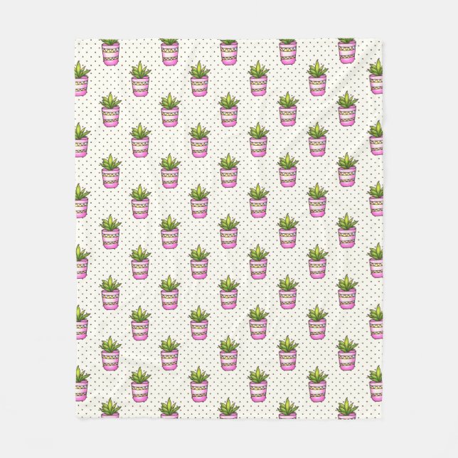 Watercolor Succulent Polka Dot Pattern Fleece Blanket (Front)