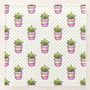 Watercolor Succulent Polka Dot Pattern Glass Coaster