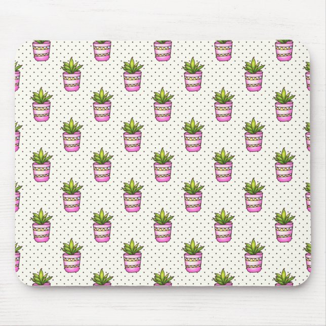 Watercolor Succulent Polka Dot Pattern Mouse Mat (Front)