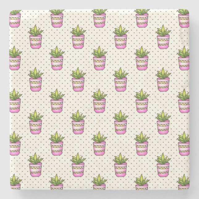 Watercolor Succulent Polka Dot Pattern Stone Coaster (Front)