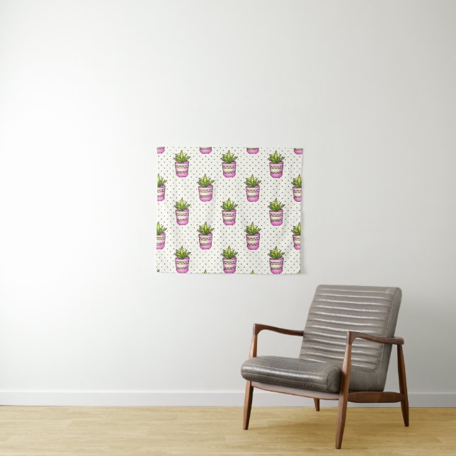 Watercolor Succulent Polka Dot Pattern Tapestry (In Situ (Horizontal))