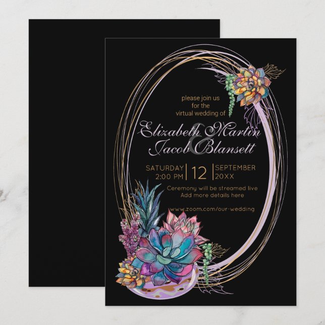Watercolor Succulent, purple black virtual Wedding Invitation (Front/Back)