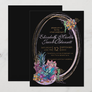 Watercolor Succulent, purple black virtual Wedding Invitation