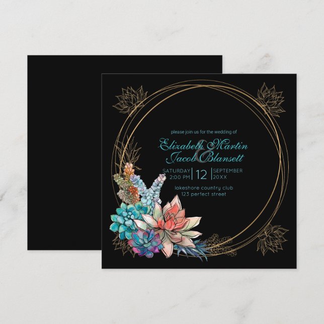 Watercolor Succulent, teal black Wedding Invitation (Front/Back)