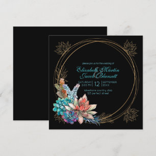 Watercolor Succulent, teal black Wedding Invitation