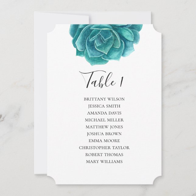 Watercolor succulent. Teal wedding seating chart Invitation (Front)