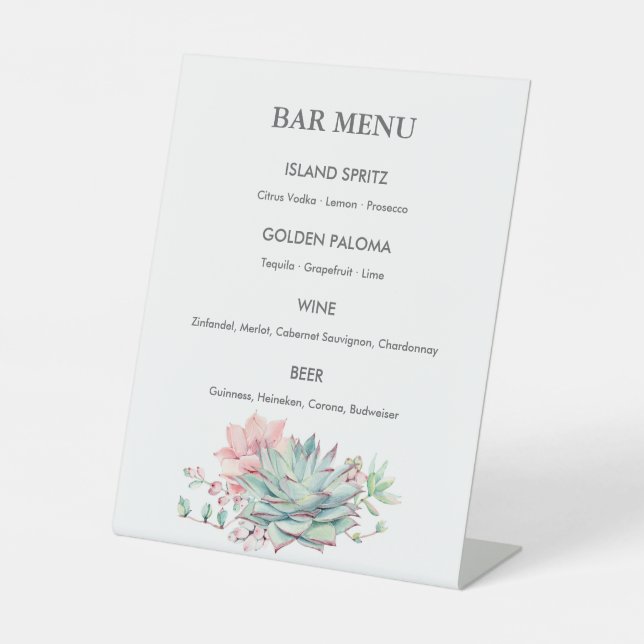 Watercolor Succulent Wedding Bar Menu Sign (Front)