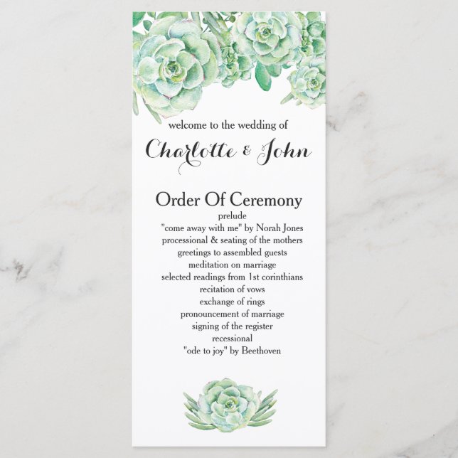 watercolor succulent wedding programs programme (Front)