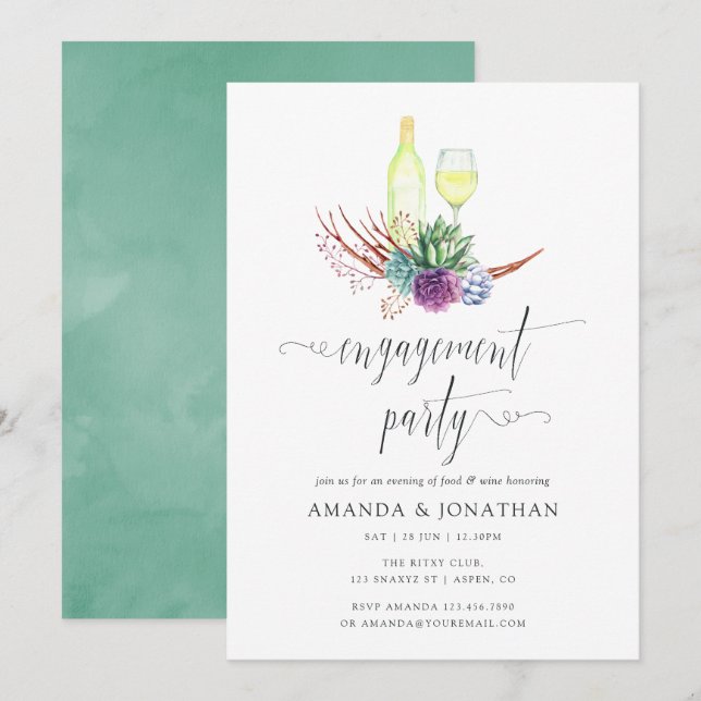 Watercolor Succulent Wine Tasting Engagement Party Invitation (Front/Back)