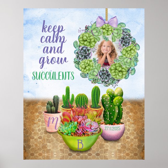 Watercolor Succulent Wreath Cactus Monogram Photo Poster (Front)