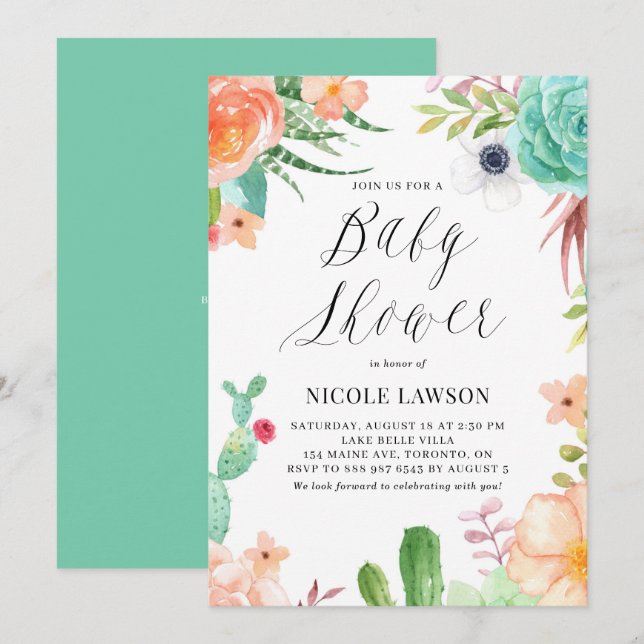 Watercolor Succulents and Flowers Baby Shower Invitation (Front/Back)