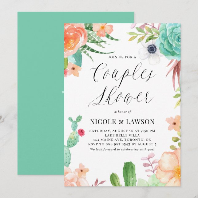 Watercolor Succulents and Flowers Couples Shower Invitation (Front/Back)