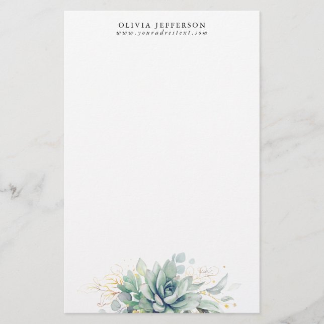 Watercolor Succulents and Gold Greenery Elegant Stationery (Front)