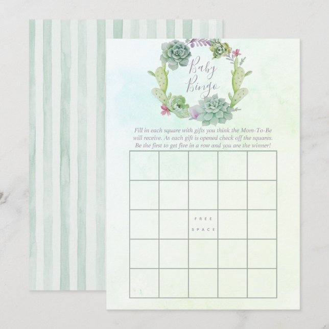 Watercolor Succulents Baby Shower Baby Bingo Invitation (Front/Back)
