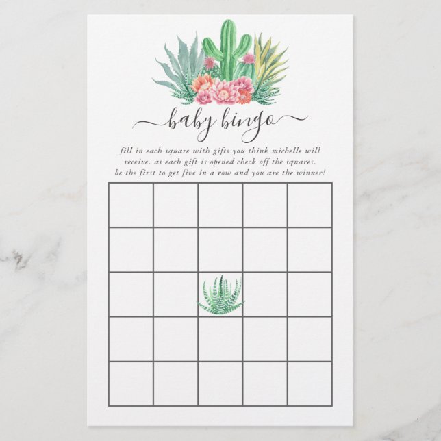 Watercolor Succulents Baby Shower Bingo (Front)