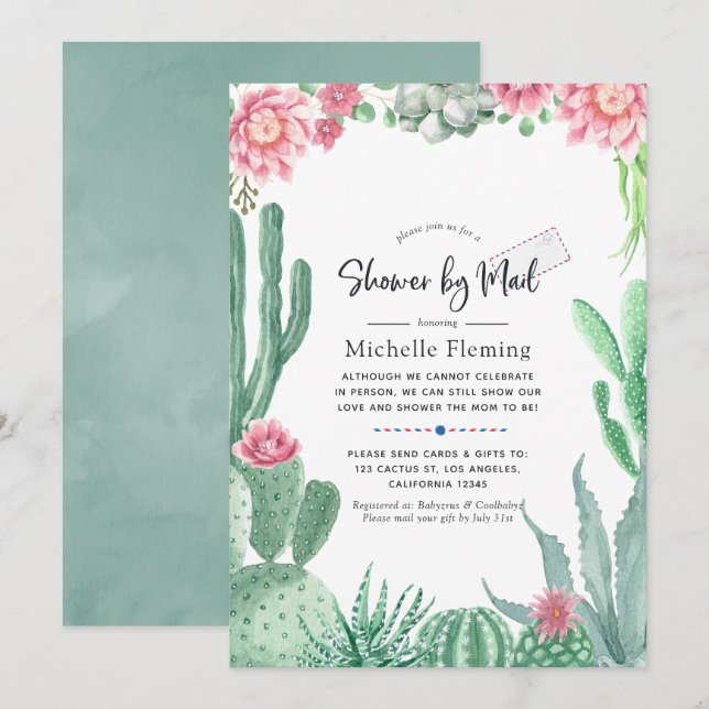 Watercolor Succulents Baby Shower by Mail Invitation (Front/Back)