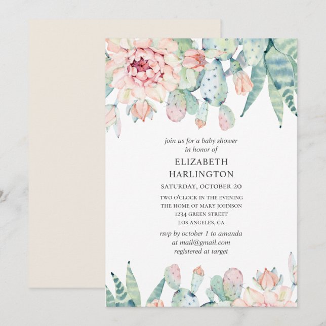 Watercolor succulents baby shower. Floral cactus Invitation (Front/Back)