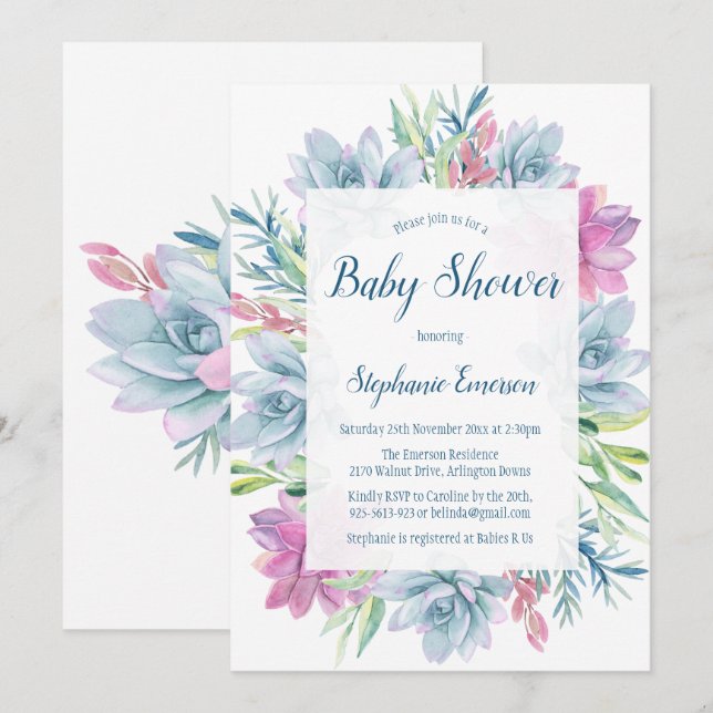 Watercolor Succulents Baby Shower Invitations (Front/Back)
