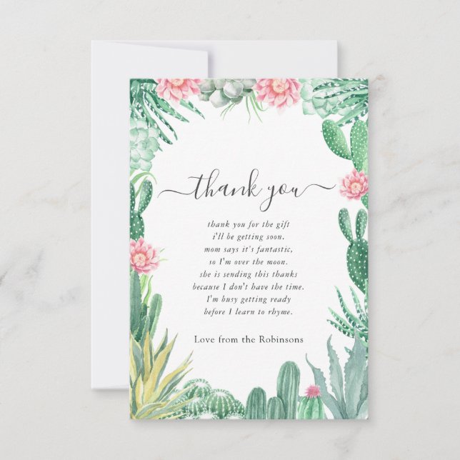 Watercolor Succulents Baby Shower Thank You Card (Front)