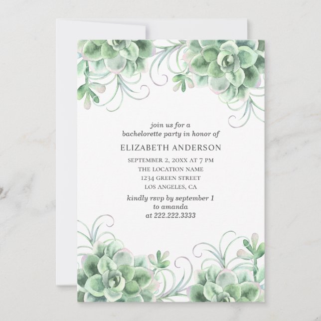 Watercolor succulents bachelorette party. Cactus Invitation (Front)