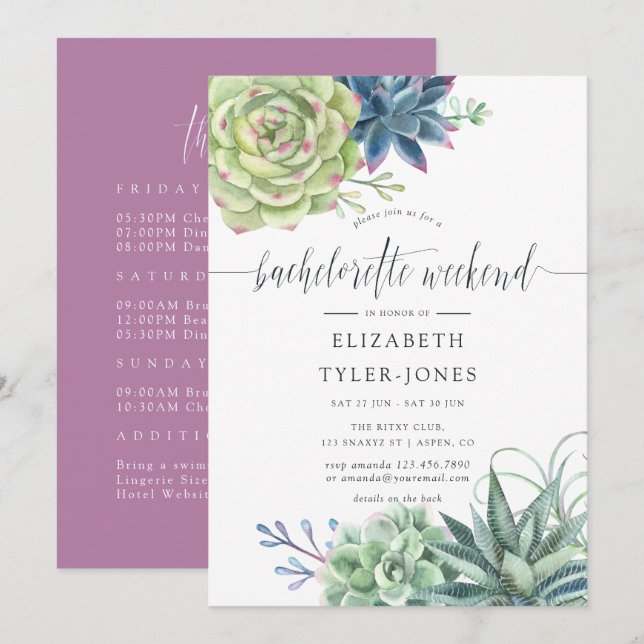 Watercolor Succulents Bachelorette Weekend Agenda Invitation (Front/Back)