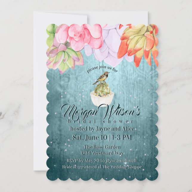 Watercolor Succulents Bird Teal Bridal Shower Invitation (Front)