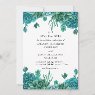 Watercolor succulents. Blue wedding floral cactus Invitation